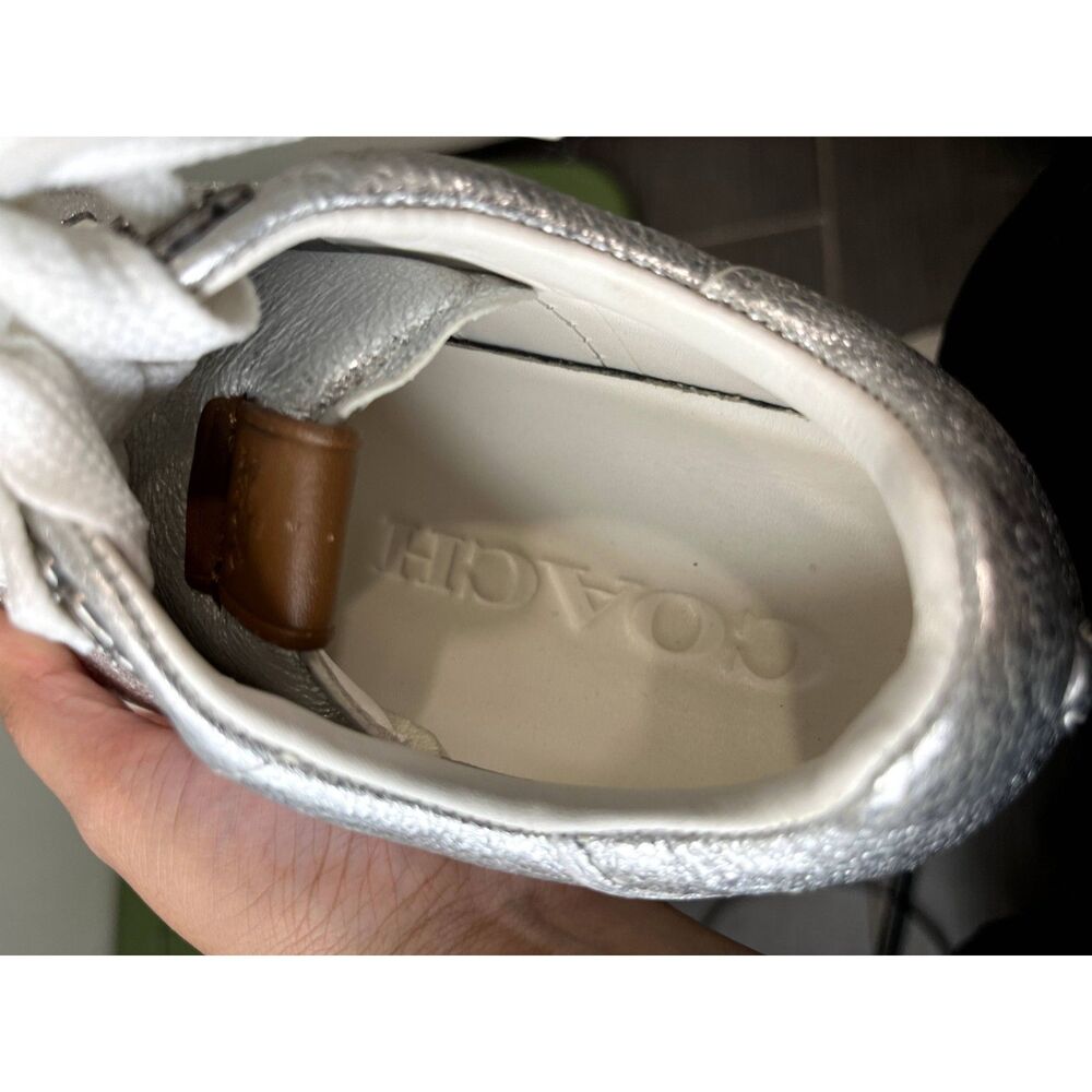 Coach C101 Silver Metallic Low Top Leather Sneakers Tea Rose Eyelets Size 7B - Picture 6 of 9